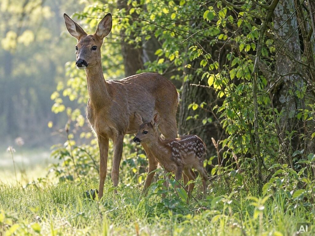 Eine Rehgeiß mit einem jungen Kitz, im Wald
