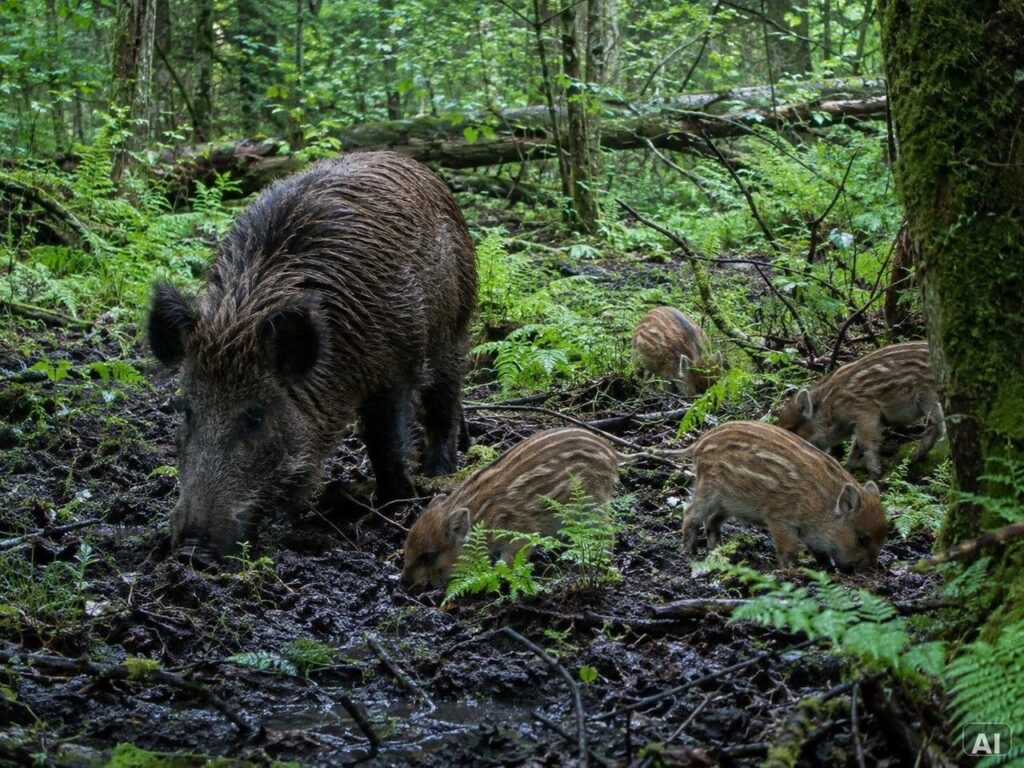 Ein Wildschwein mit gestreiften Frischlingen, im Wald