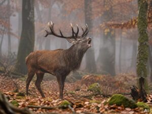 Ein röhrender Rothirsch, in herbstlicher Umgebung, bei leichtem Nebel, im Wald