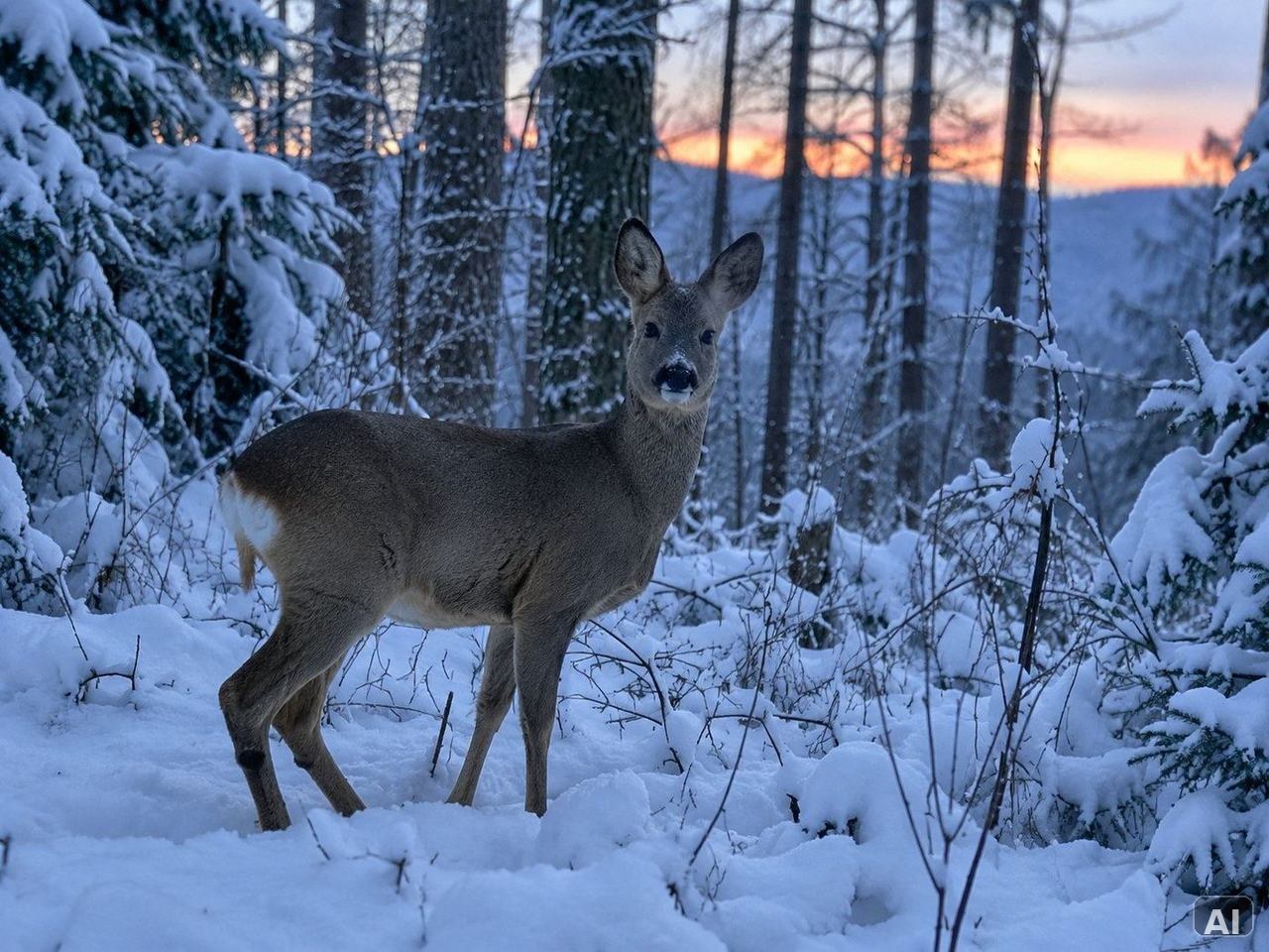 Ein Reh, in winterlicher, teils verschneiter Landschaft, im Wald