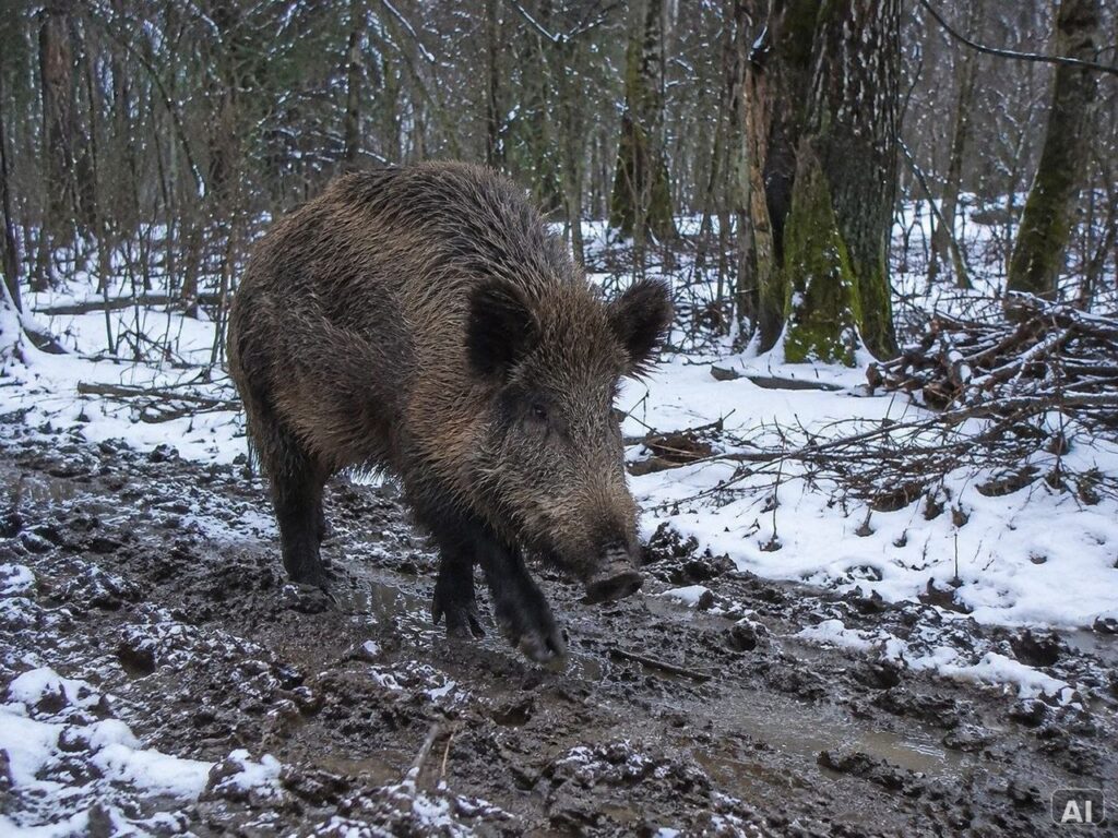 Ein Wildschwein, in winterlicher, teils verschneiter Landschaft
