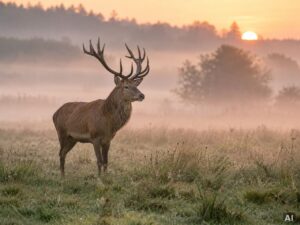 Ein Rothirsch, im frühen Morgenlicht, bei leichtem Nebel, auf einer offenen Wiese