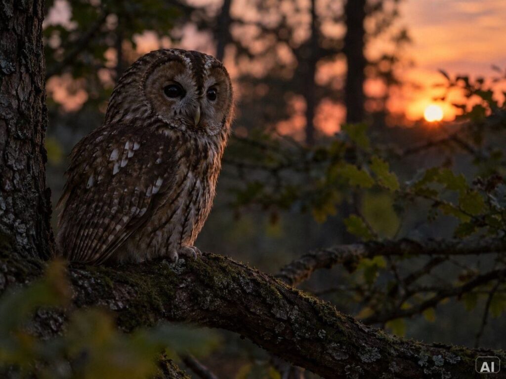 Eine Eule, im warmen Abendlicht