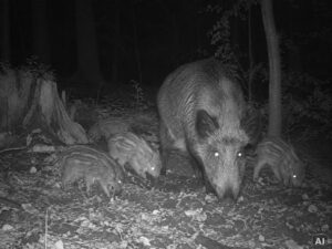 Eine Wildschweinfamilie, bei Nacht, im Wald