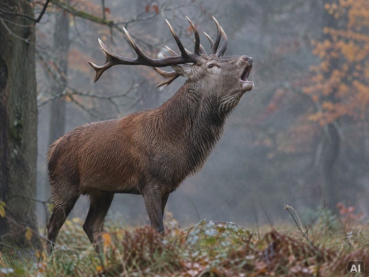 Ein röhrender Rothirsch, in herbstlicher Umgebung, bei leichtem Nebel, im Wald