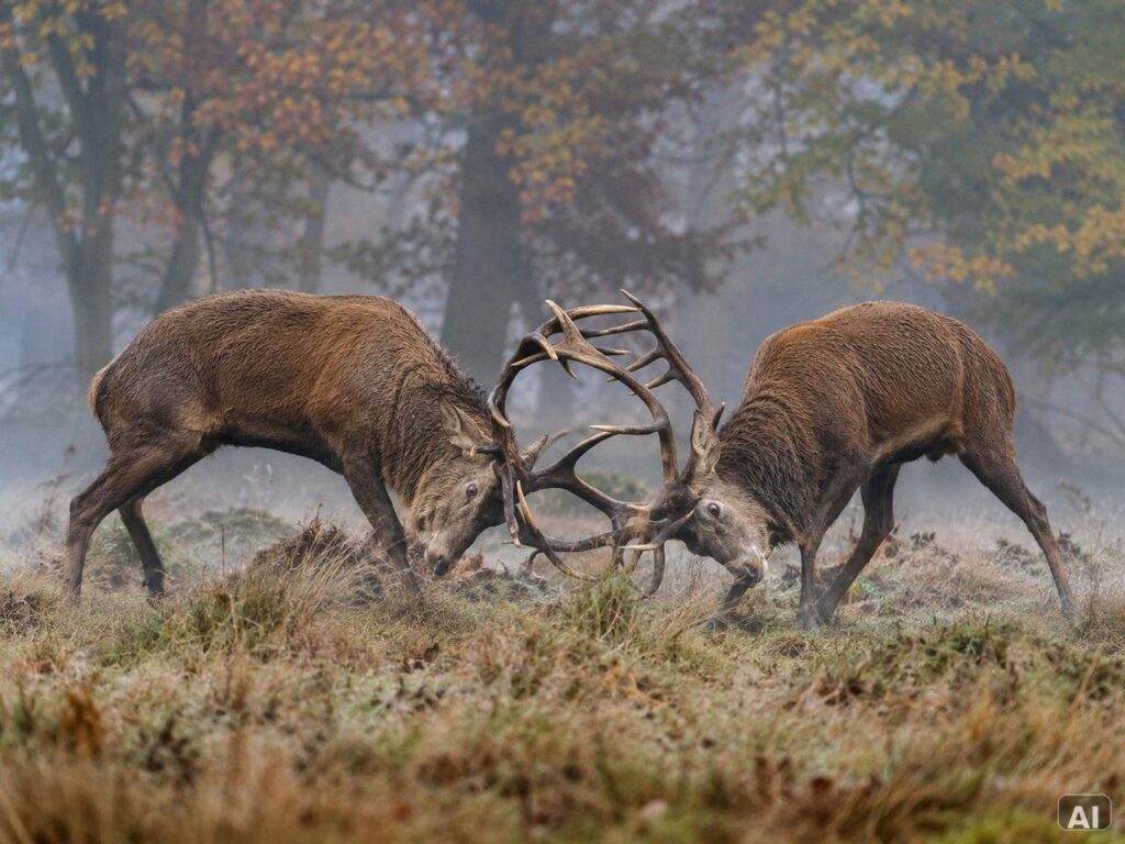Zwei Rothirsche im Brunftkampf, in herbstlicher Umgebung, bei leichtem Nebel, im Wald