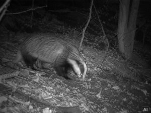 Dachs in einer nächtlichen Wildkamera-Szene im Wald