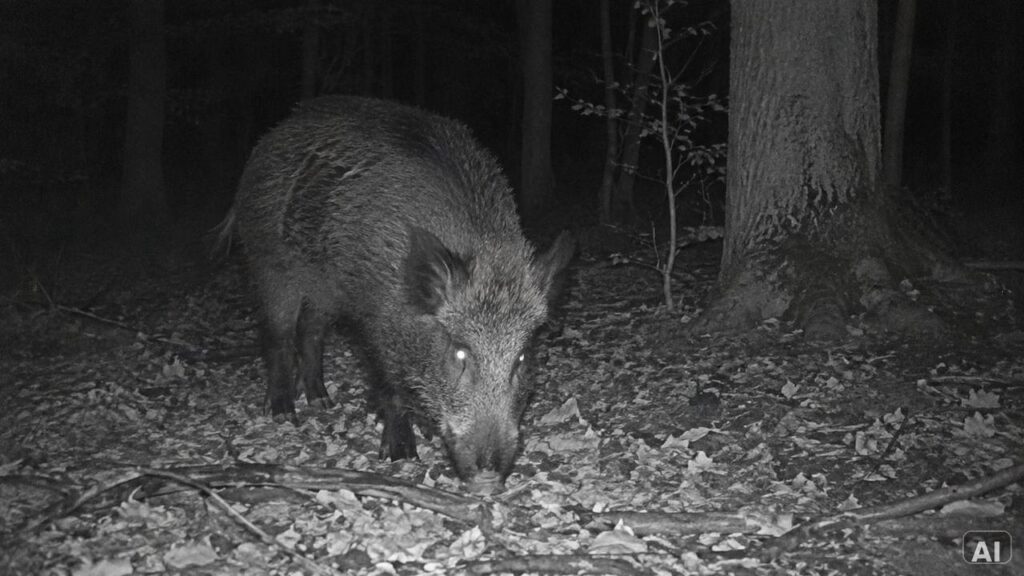 Wildschwein nachts auf dem Waldboden