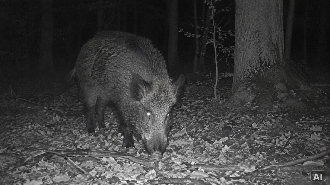 Wildschwein nachts auf dem Waldboden