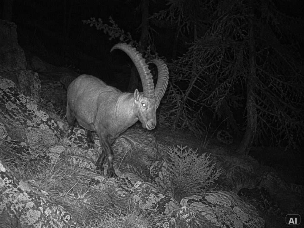 Steinbock in einer nächtlichen Wildkamera-Szene