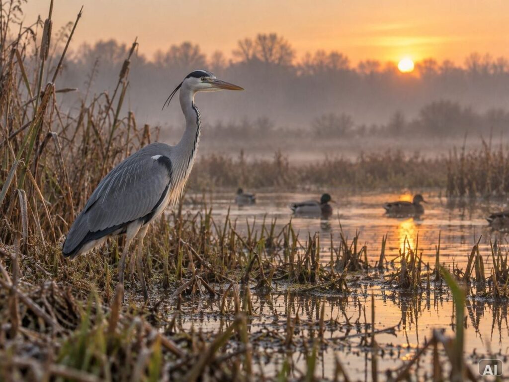 Graureiher und Wasservögel in einem Feuchtgebiet bei Sonnenaufgang