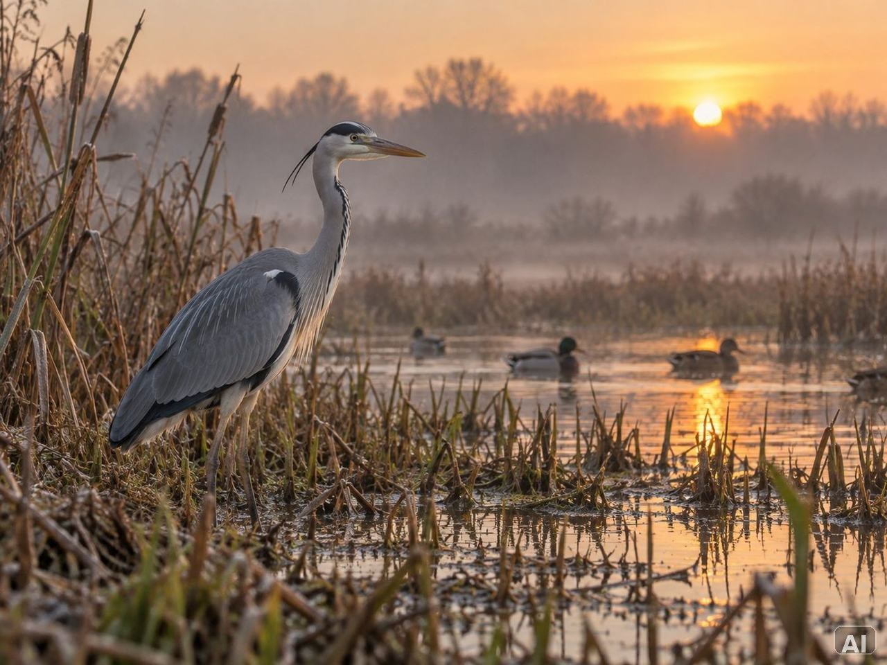 Graureiher und Wasservögel in einem Feuchtgebiet bei Sonnenaufgang