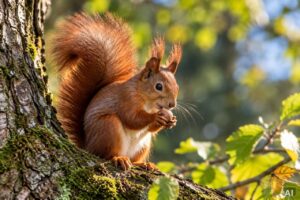 Eichhörnchen zwischen Blättern und Baumstämmen