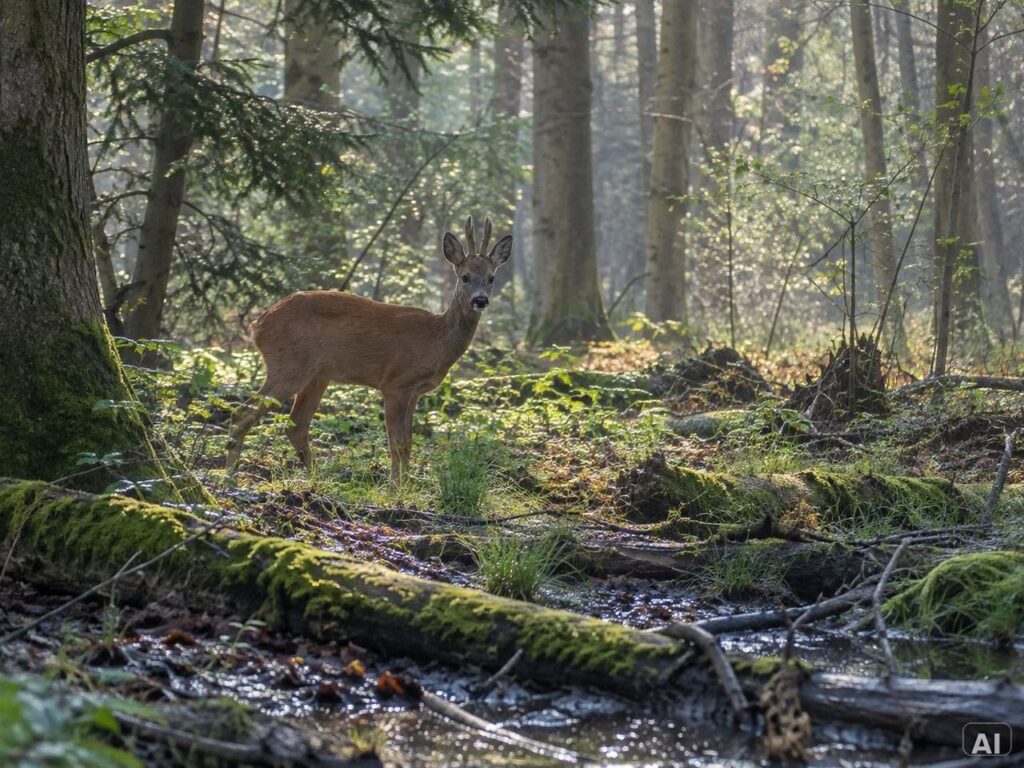 Reh in einem bewaldeten Bachlauf