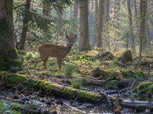 Reh in einem bewaldeten Bachlauf