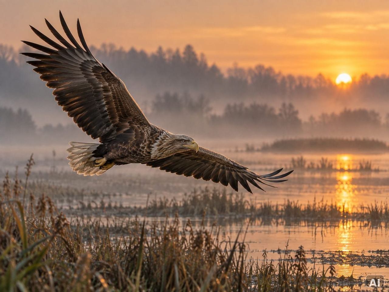 Großer Greifvogel im Flug über einem Feuchtgebiet