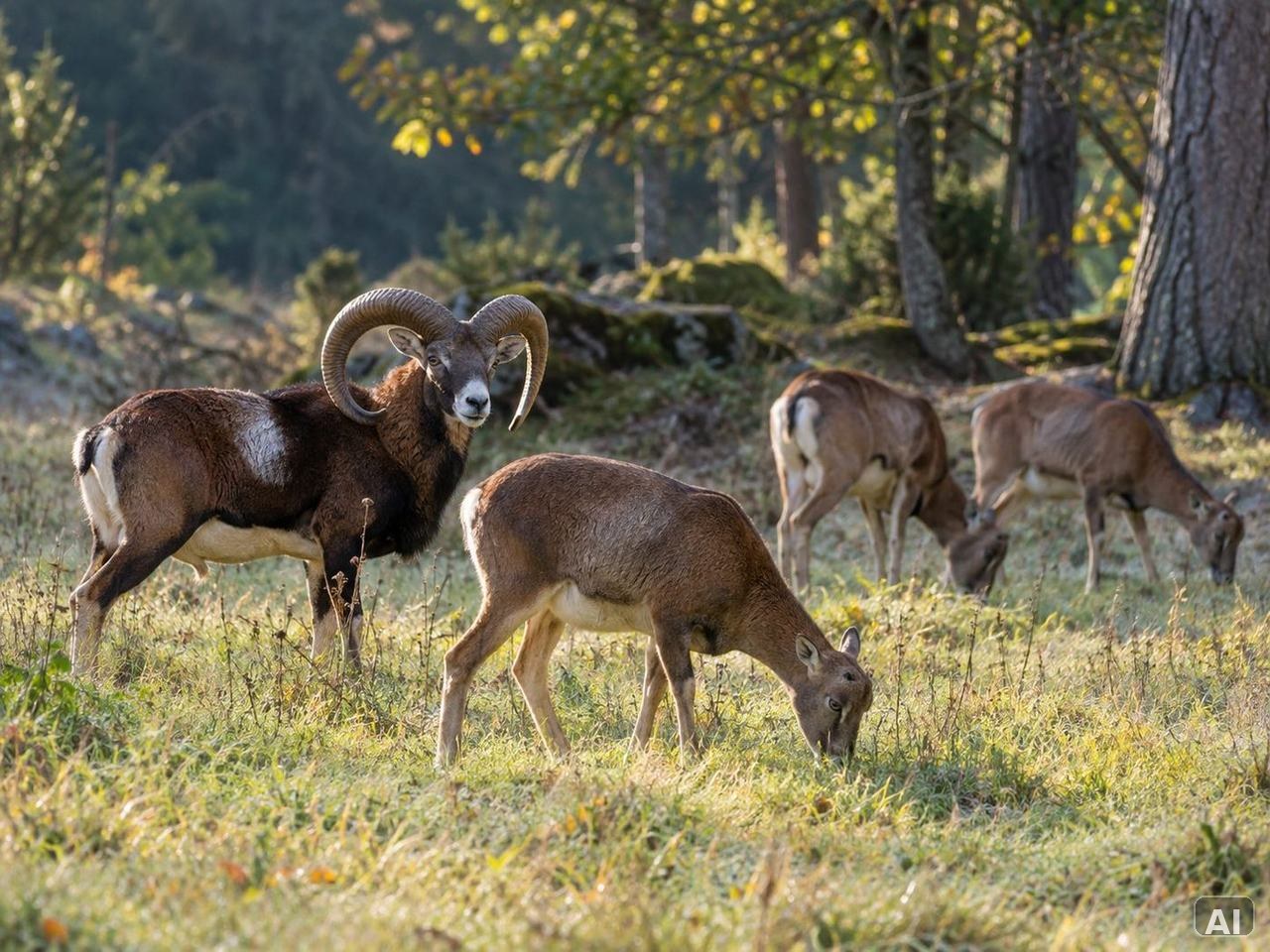 Mufflons auf einer Waldlichtung