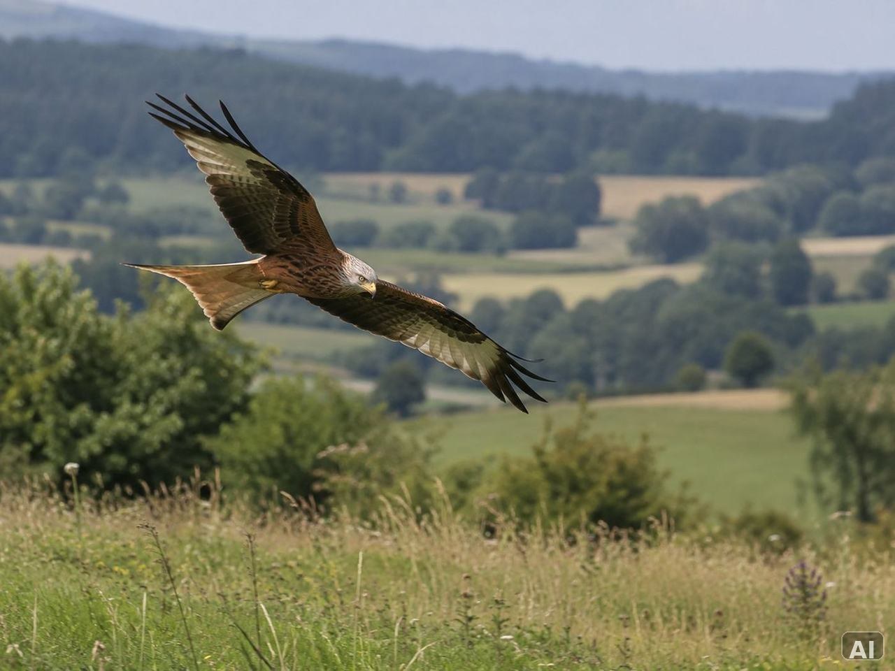 Greifvogel im Flug über einer weiten Landschaft