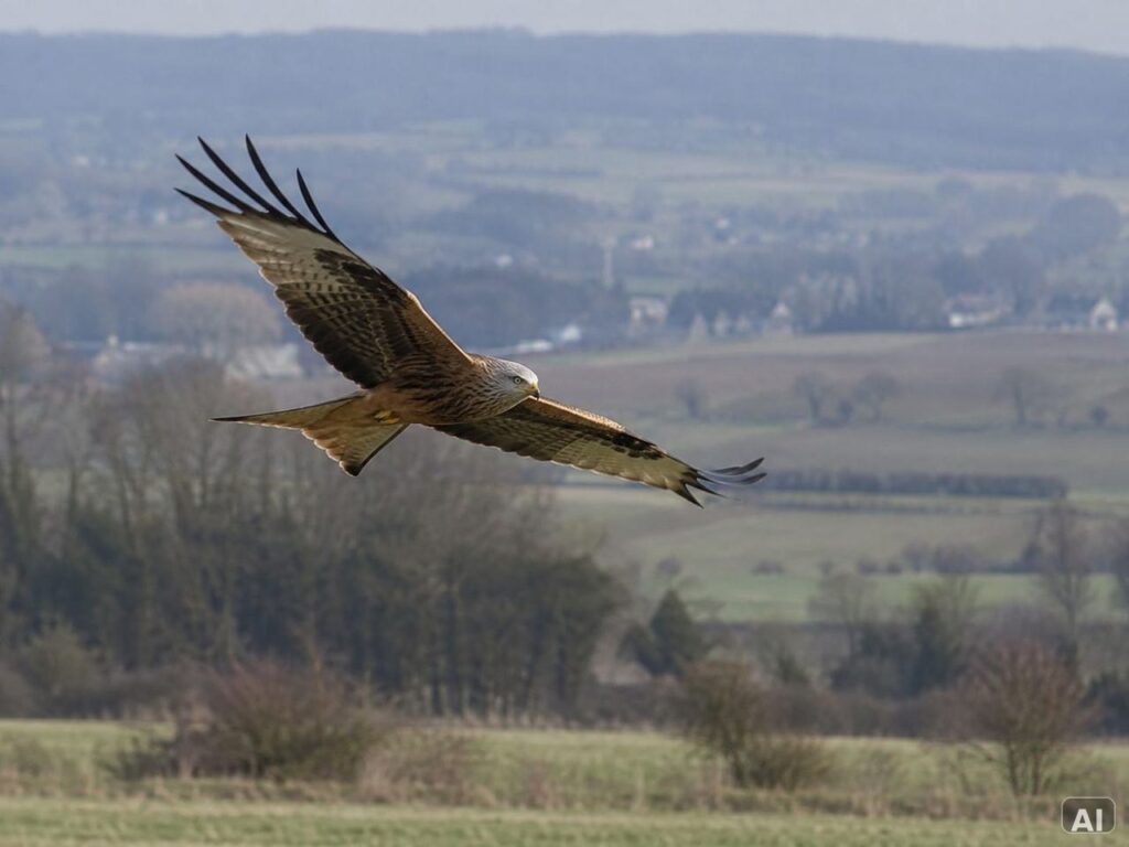 Greifvogel mit ausgebreiteten Flügeln über Feldern