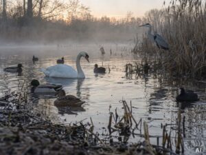 Schwäne und Wasservögel in einem ruhigen Feuchtgebiet