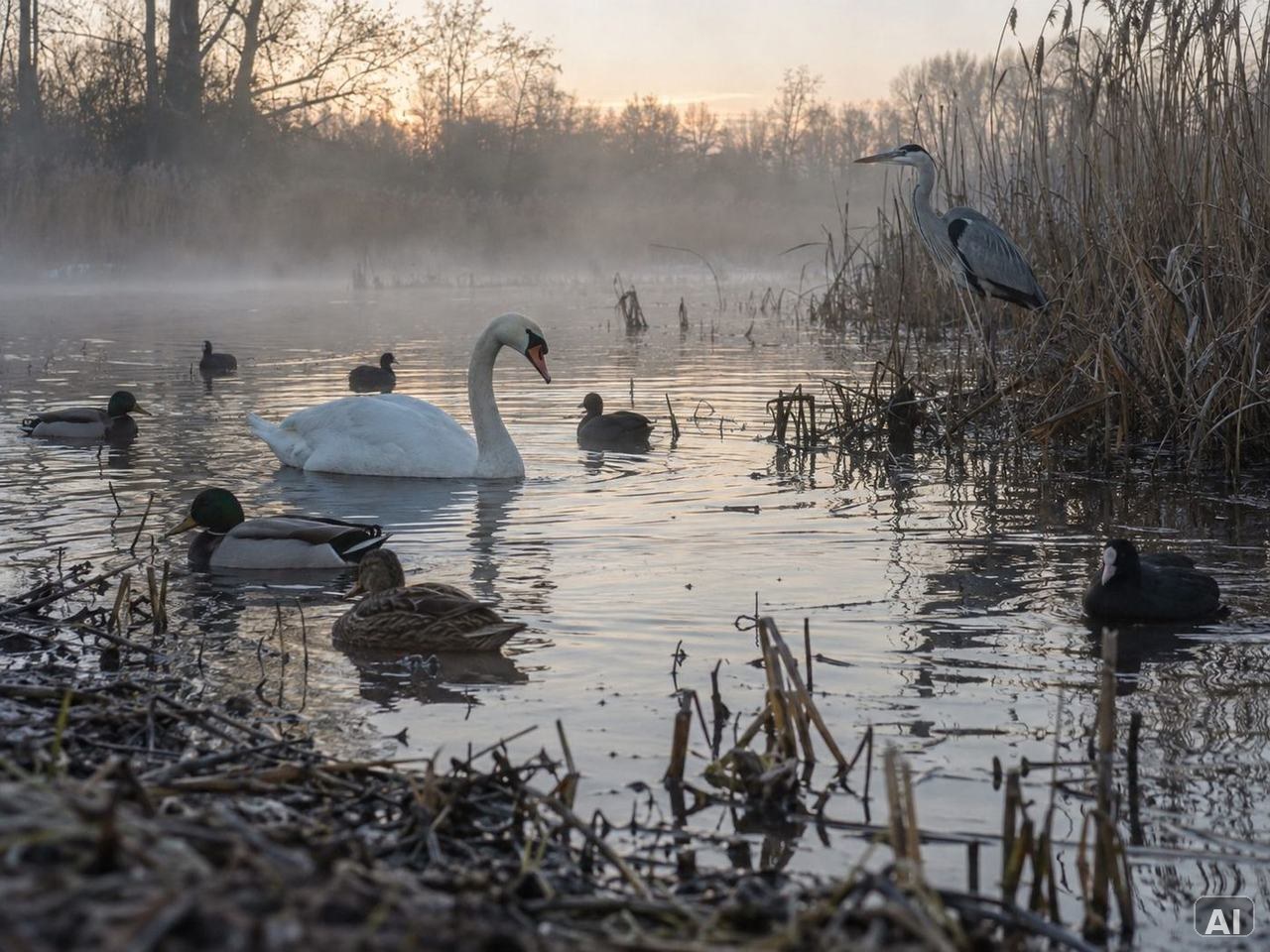 Schwäne und Wasservögel in einem ruhigen Feuchtgebiet